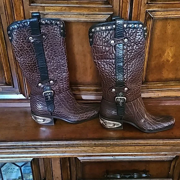 GIUSEPPE ZANOTTI BROWN & BLK LEATHER HARNESS EMBELLISHED BOOTS WITH BUCKLE TRIM! - Picture 2 of 11